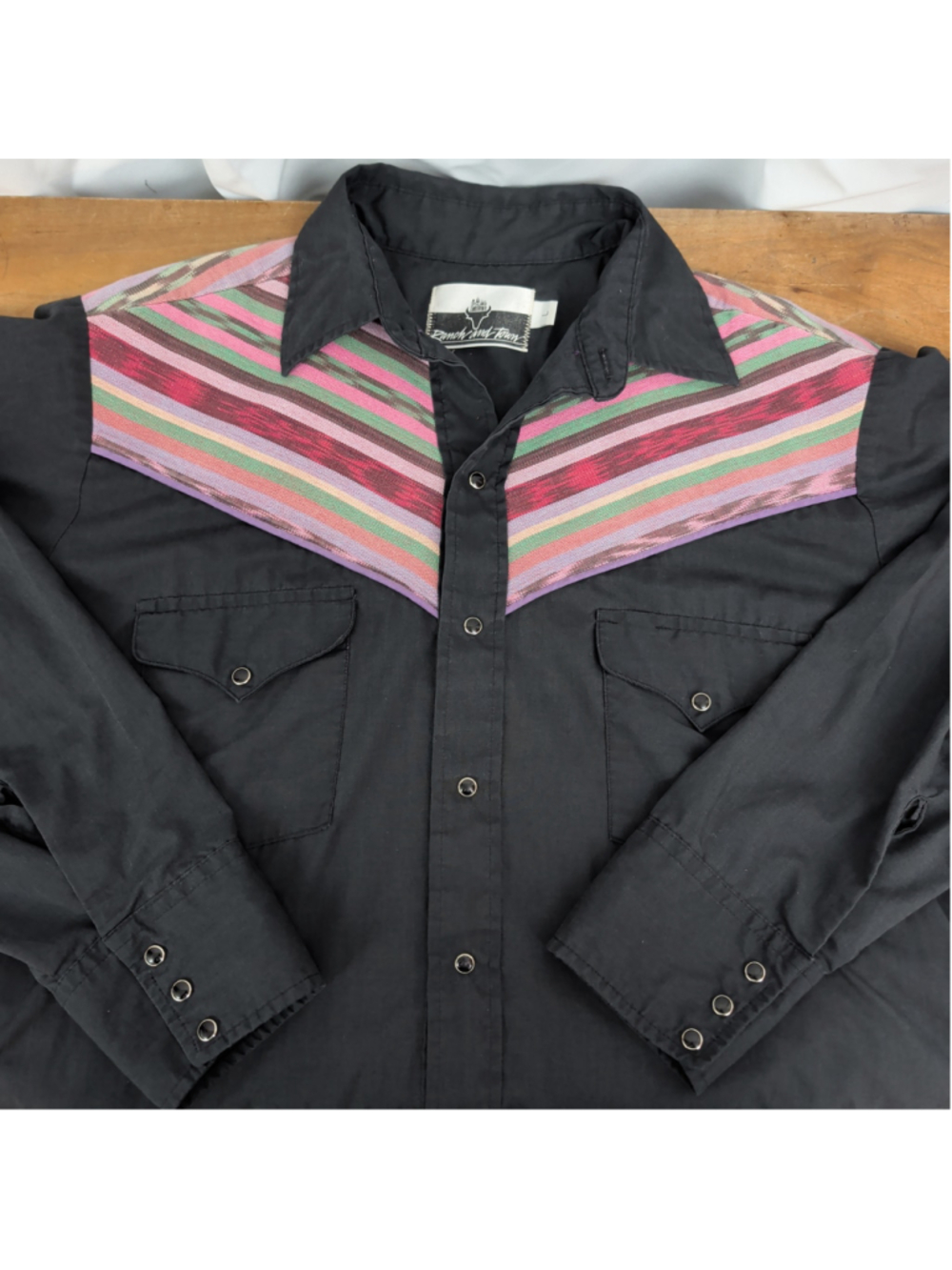 Vintage Yolk Striped Black Men's Western Snap Button Shirt Large